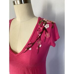 Johnny Was JWLA Dress Small Embroidered Jersey Knit Hot Pink Fit Flare FLAWS